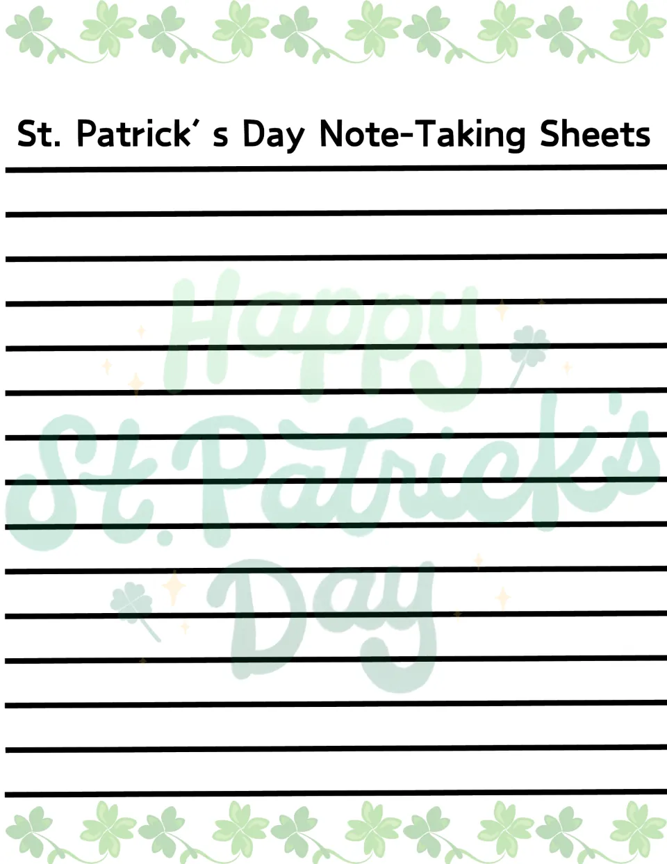 Note-taking sheet headed 'St. Patrick’s Day Note-Taking Sheets' for organizing thoughts before writing.