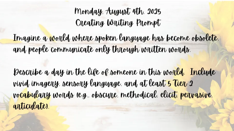 August 4 bell ringer: describe a world without spoken language using imagery and five Tier 2 words