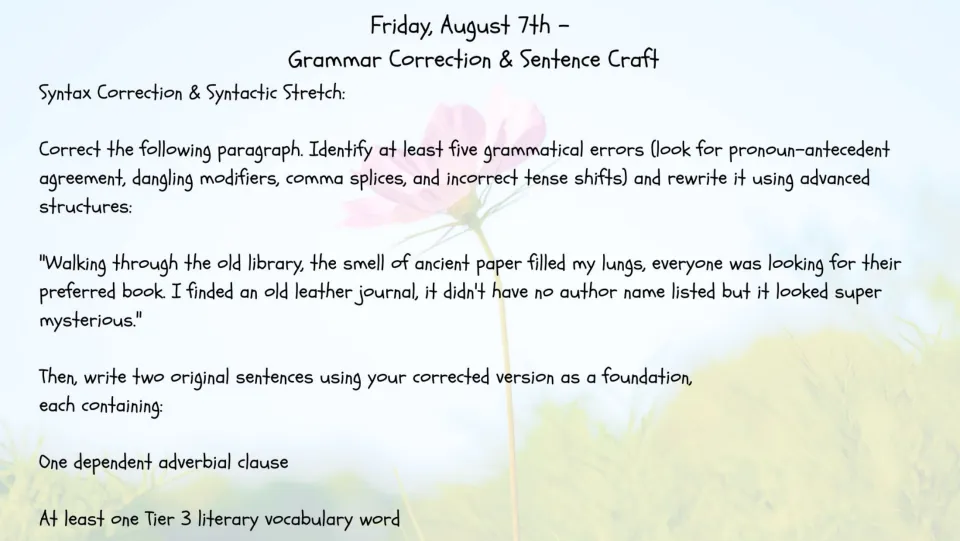 August 7 grammar bell ringer: correct a library paragraph and write sentences with adverbial clauses