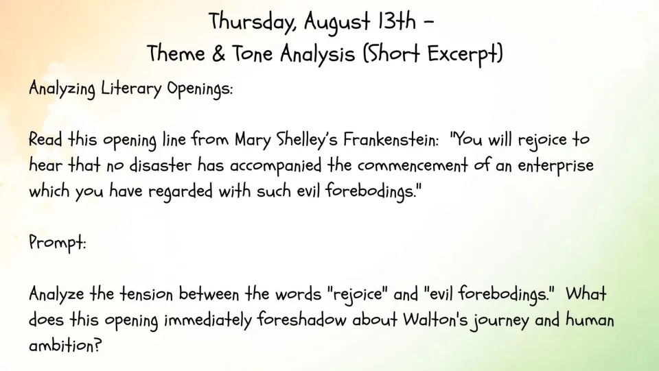 August 13 literature bell ringer: analyze rejoice and evil forebodings in Frankenstein's opening line
