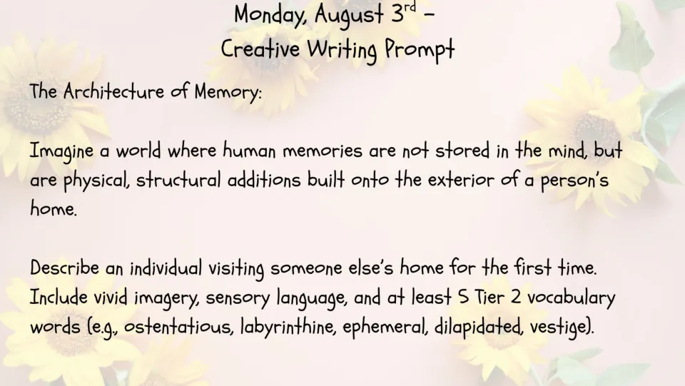 Creative writing prompt, Aug 3: students describe a visit to a home where memories are built on, using 5 Tier 2 words