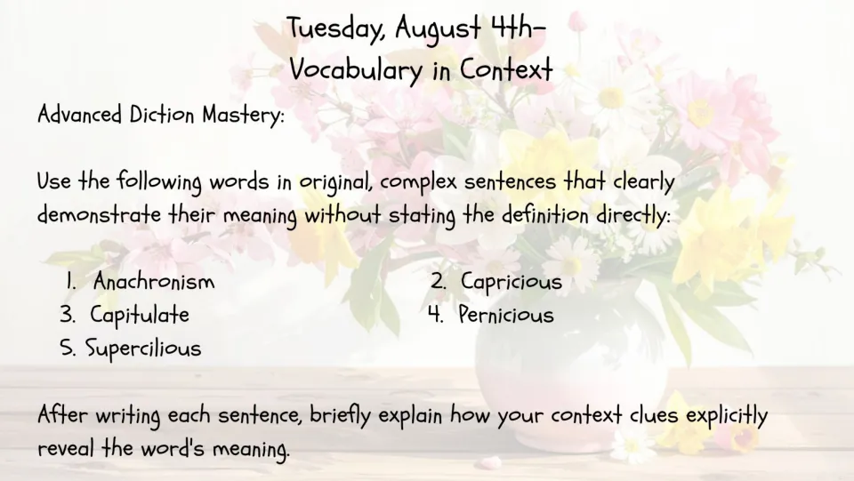 Vocabulary in context, Aug 4: students use anachronism, capricious, capitulate, pernicious and supercilious in sentences