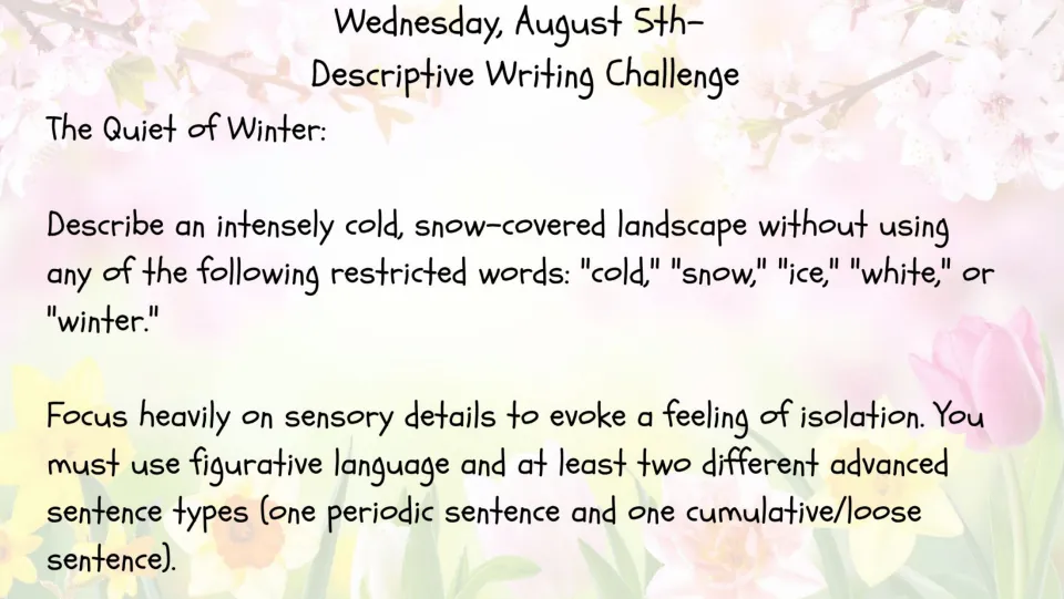 Descriptive writing, Aug 5: students describe a snowy landscape without banned words, using periodic and loose sentences