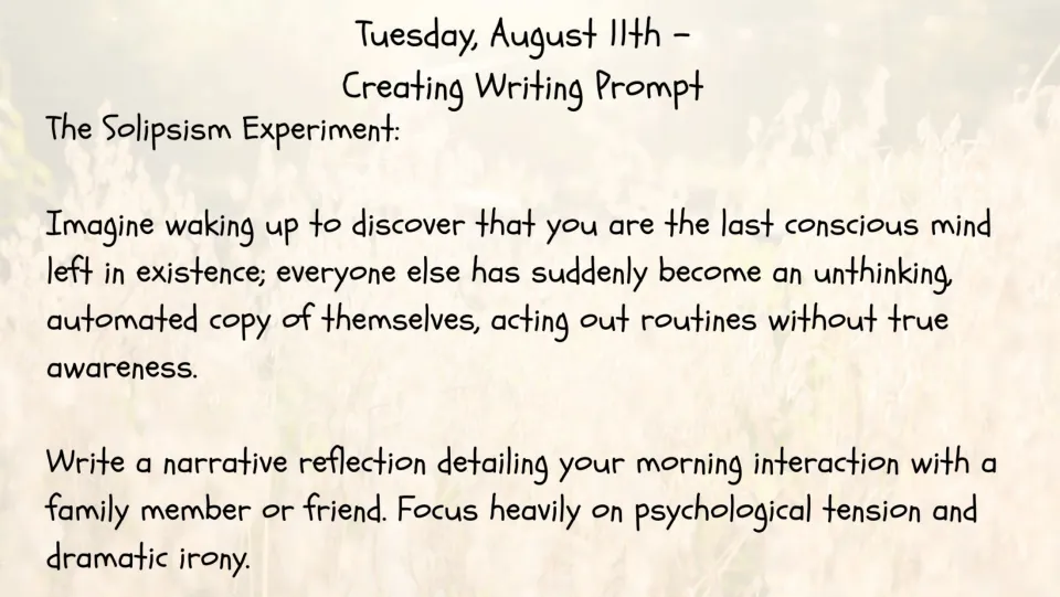 Creative writing prompt, Aug 11: students imagine being the last conscious mind and write a reflection using dramatic irony