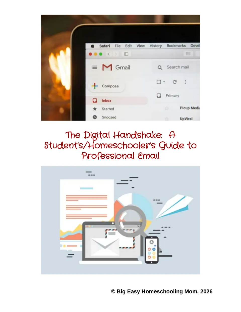 Cover of The Digital Handshake, a guide to professional email, shown with a Gmail inbox photo and laptop email graphic