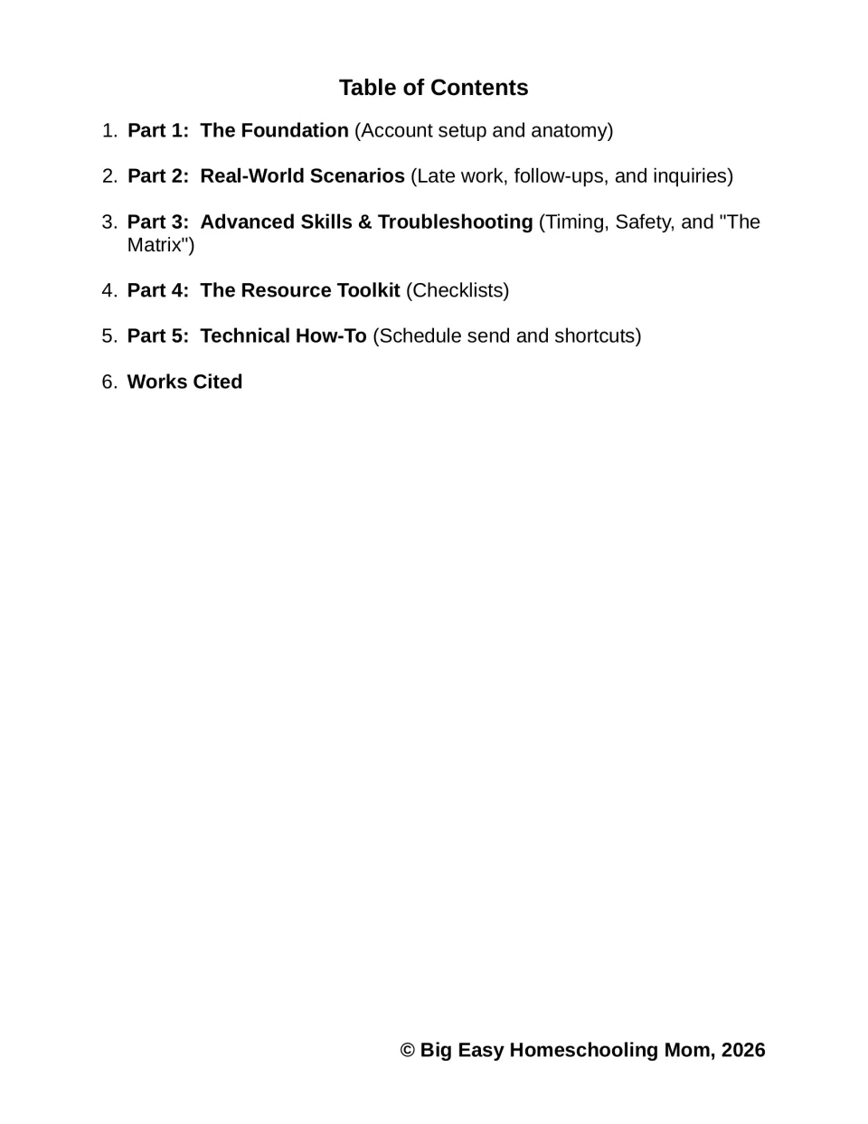 Table of contents: five parts from The Foundation and Real-World Scenarios to a checklist toolkit, plus Works Cited