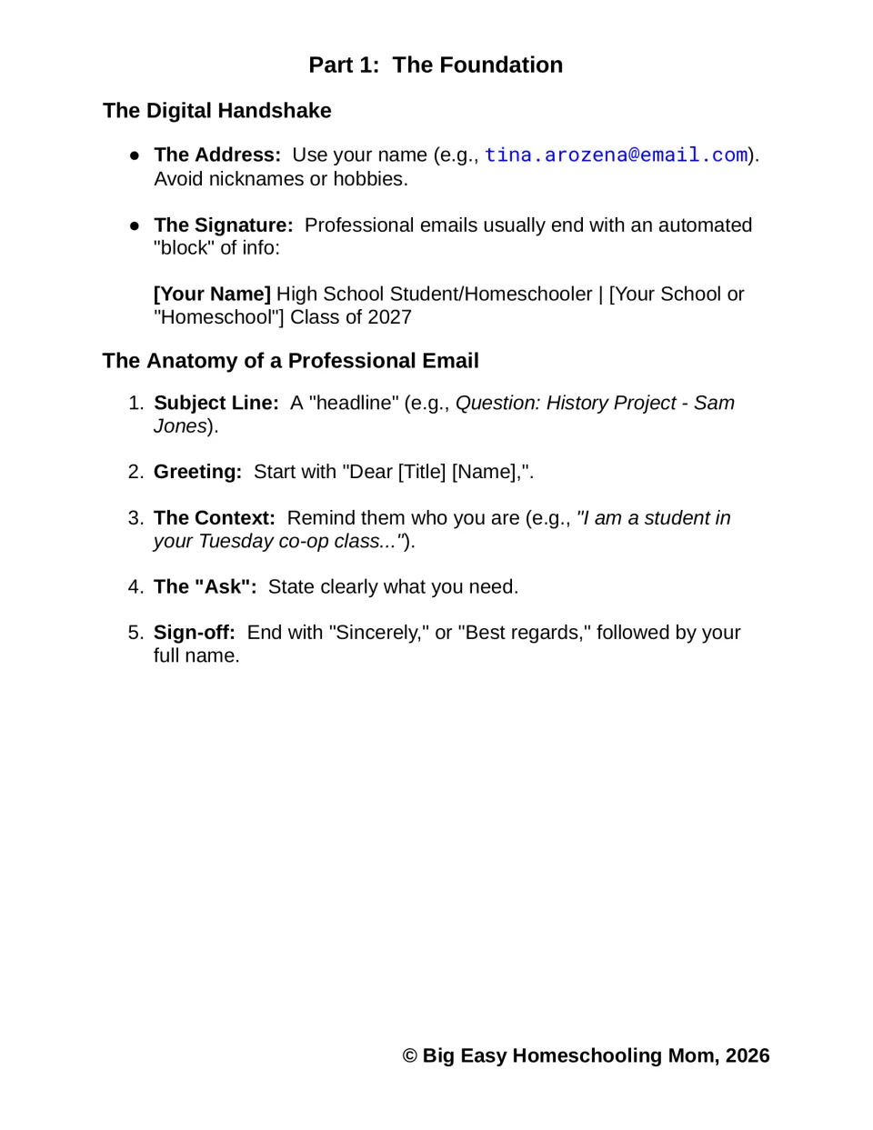 Part 1, The Foundation: email address and signature tips, then five parts of an email from subject line to sign-off