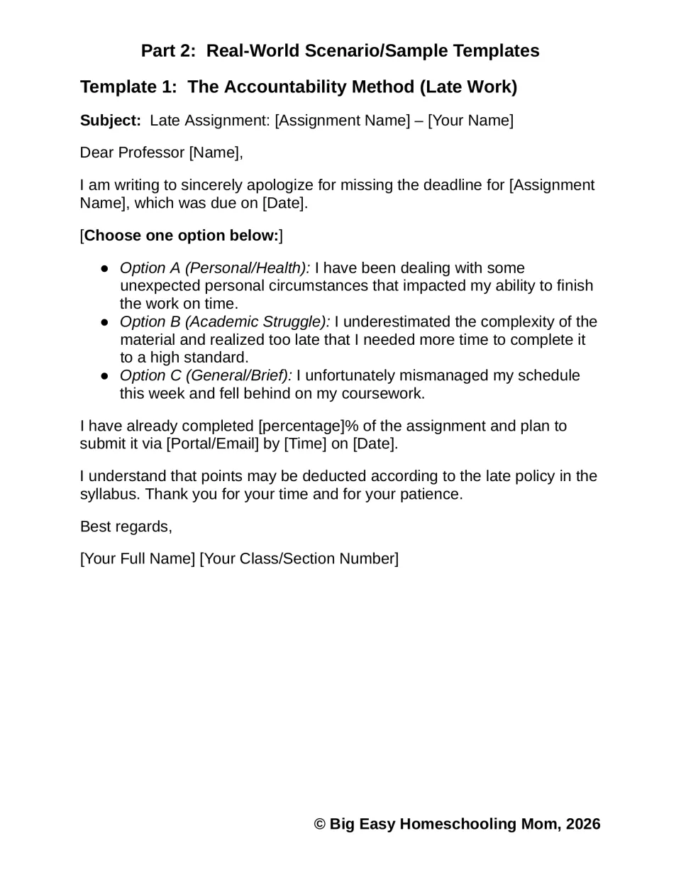 Template 1, The Accountability Method: fill-in late-work apology email with three reason options and a submission plan
