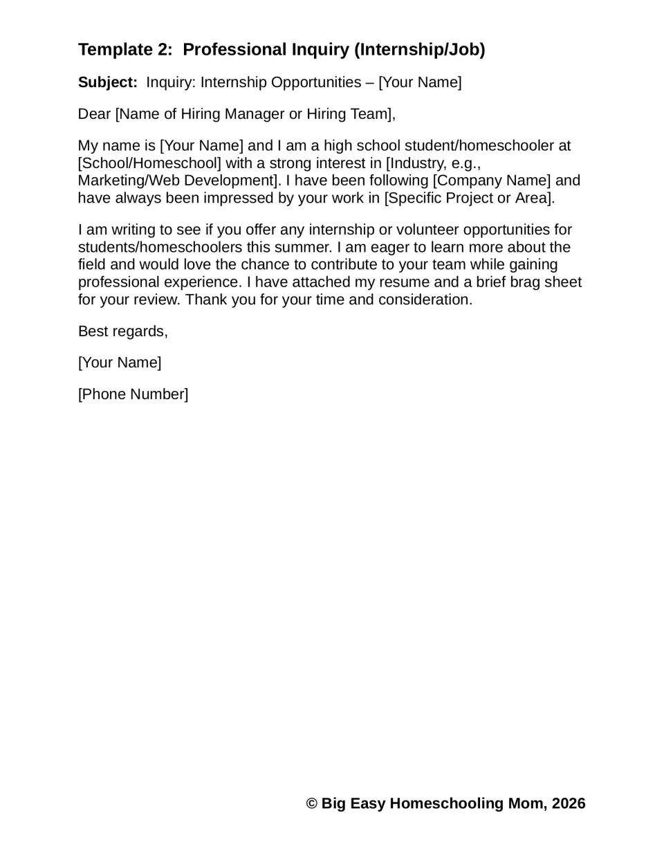 Template 2, Professional Inquiry: fill-in email asking a company about summer internship or volunteer openings