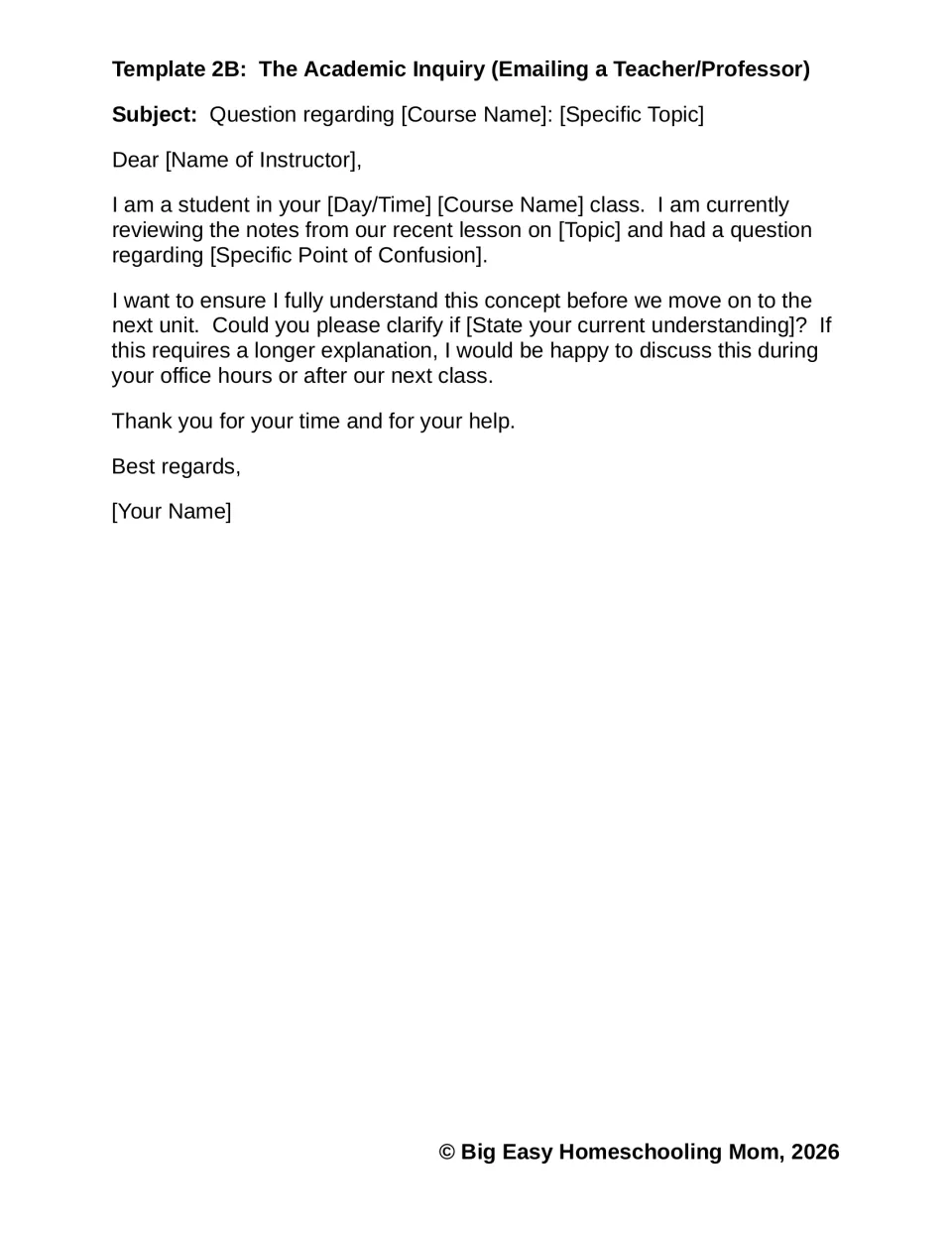 Template 2B, The Academic Inquiry: fill-in email asking an instructor to clarify a confusing point from a recent lesson