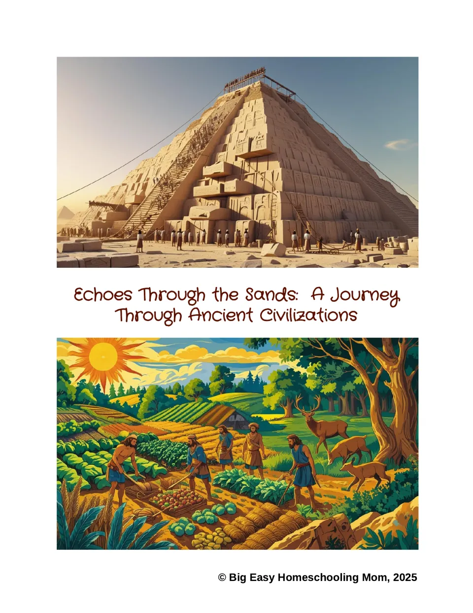 Cover of the ancient civilizations reading resource, illustrated with pyramid construction and farming