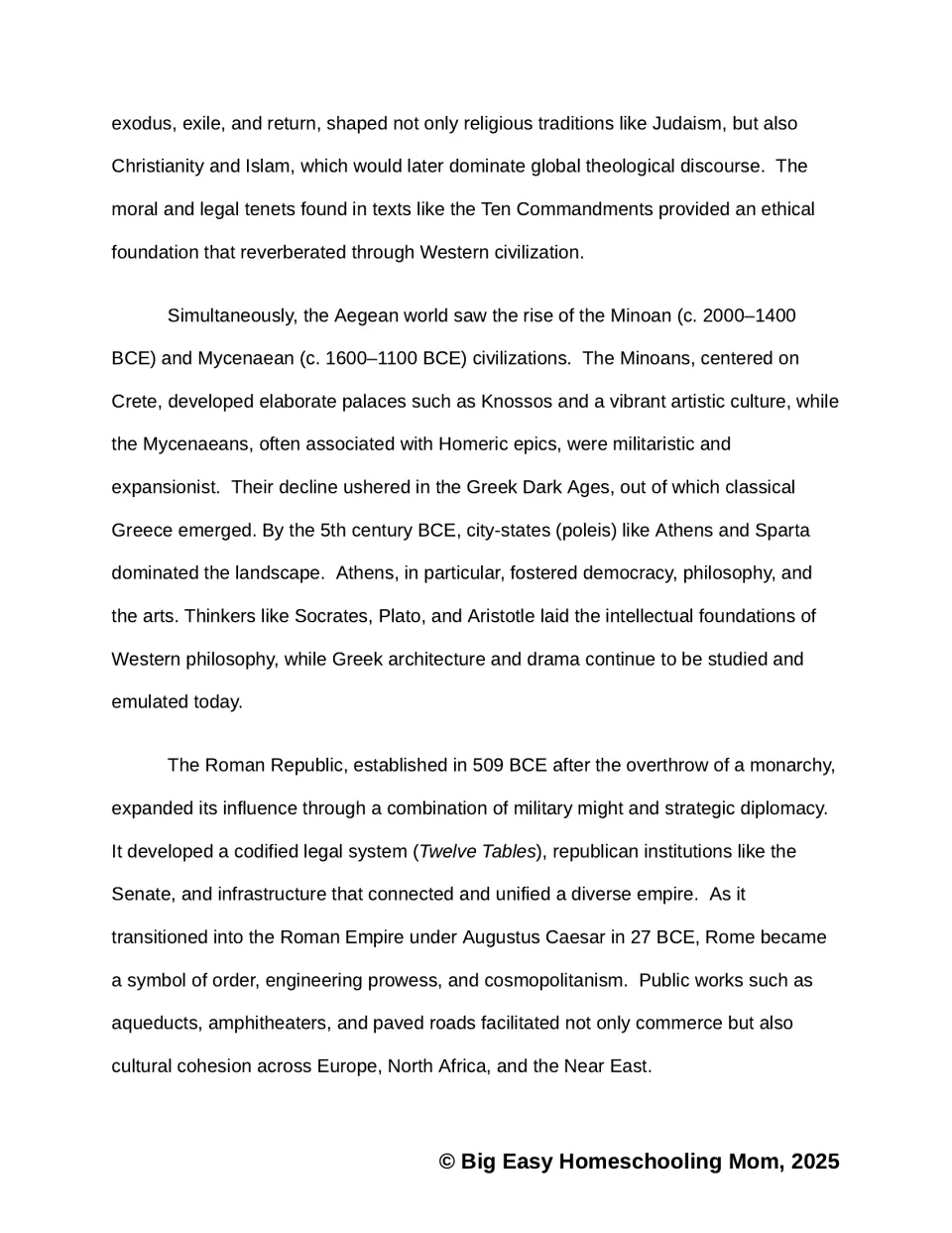 Reading passage traces Hebrew religious influence, Minoans and Mycenaeans, classical Greece, and Rome