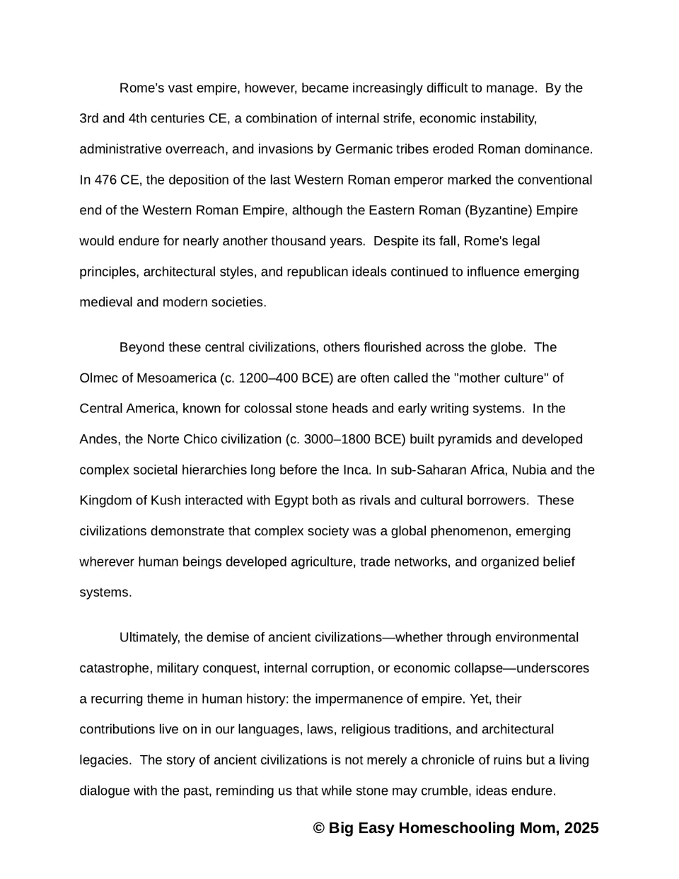 Reading passage concludes with Rome's decline, Olmec, Norte Chico, Kush, and ancient civilizations' legacies