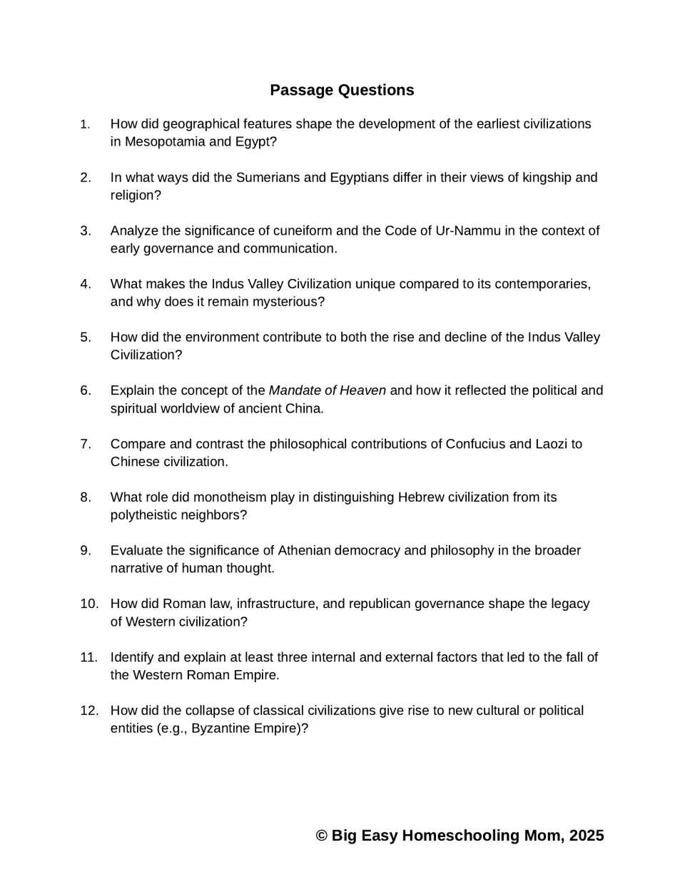 Passage questions 1–12 examine geography, kingship, writing, beliefs, Greek philosophy, and Rome's legacy