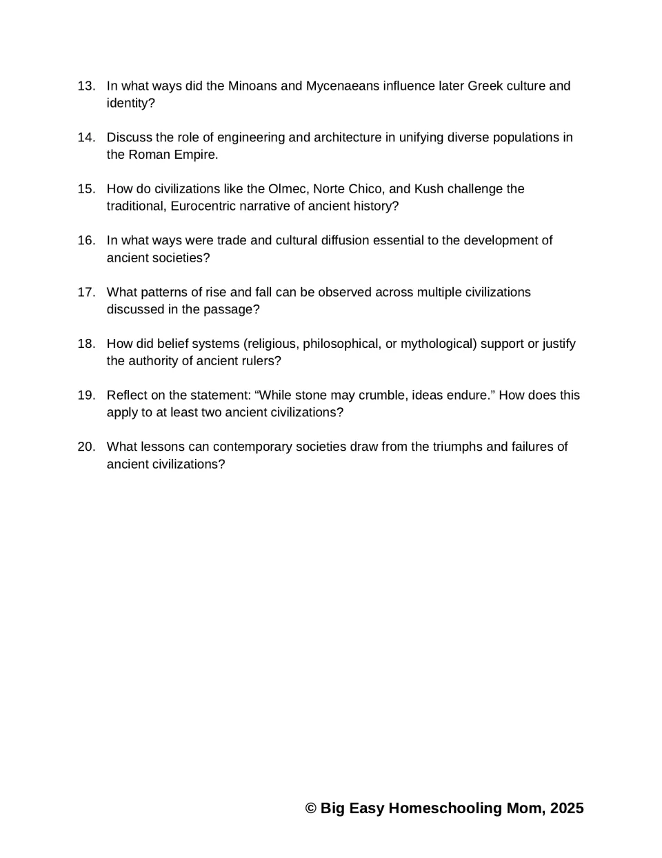 Passage questions 13–20 examine Greek influences, Roman engineering, trade, beliefs, and lessons from history