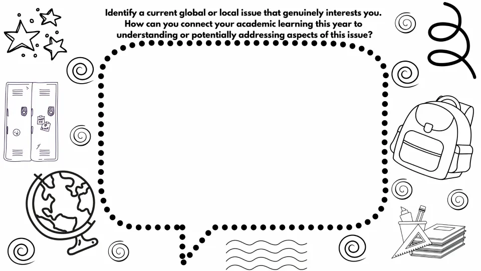 Reflection prompt on connecting this year's academic learning to understanding or addressing a real-world issue