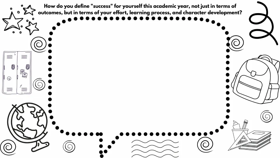 Reflection prompt on defining success this academic year through outcomes, effort, learning, and character
