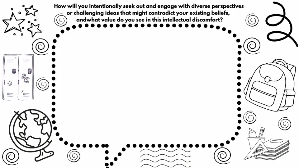 Reflection prompt on seeking diverse perspectives, questioning existing beliefs, and valuing intellectual discomfort