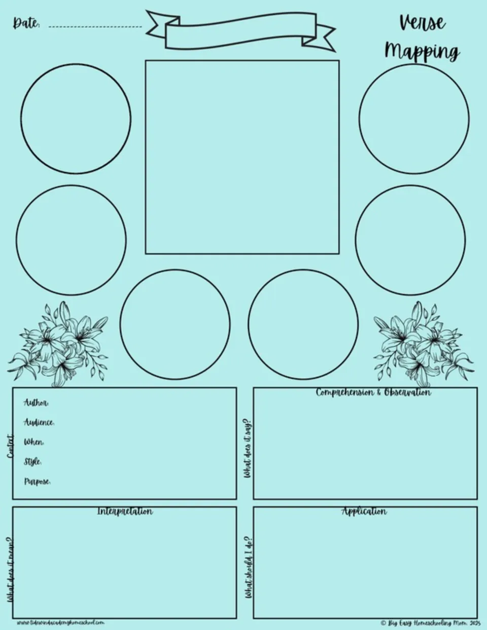 Aqua Bible verse mapping template for verse study, context, observation, interpretation, and application.