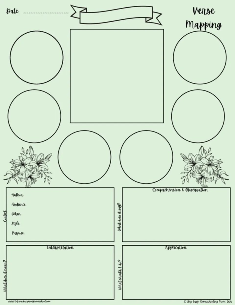Light green Bible verse mapping template for verse study, context, observation, interpretation, and application.