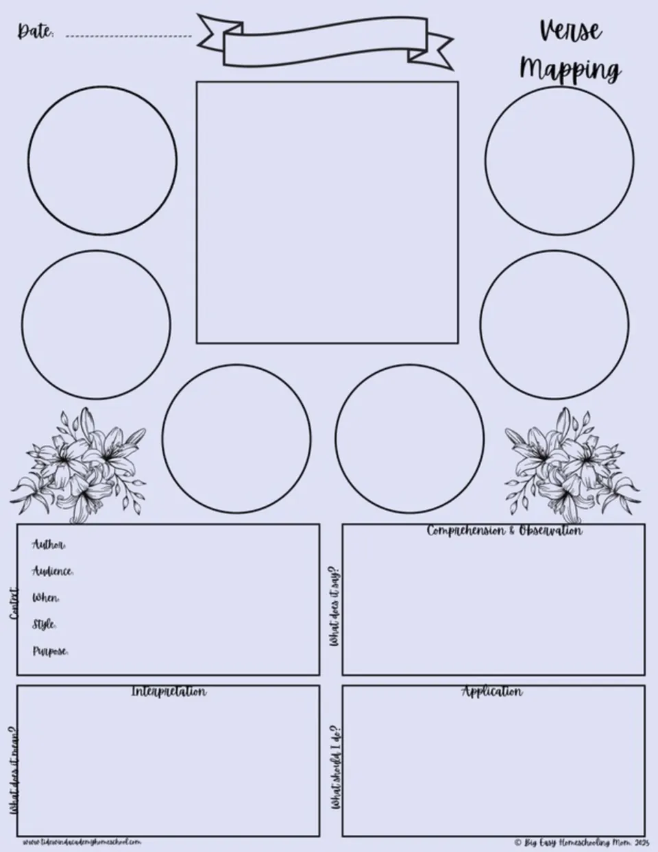 Lavender Bible verse mapping template for verse study, context, observation, interpretation, and application.