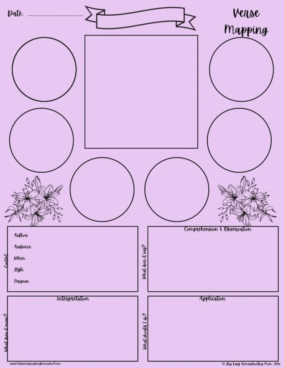 Purple Bible verse mapping template for verse study, context, observation, interpretation, and application.