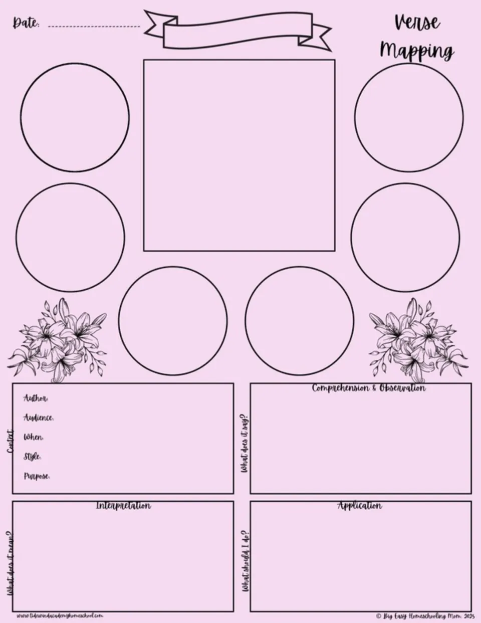 Pink Bible verse mapping template for verse study, context, observation, interpretation, and application.