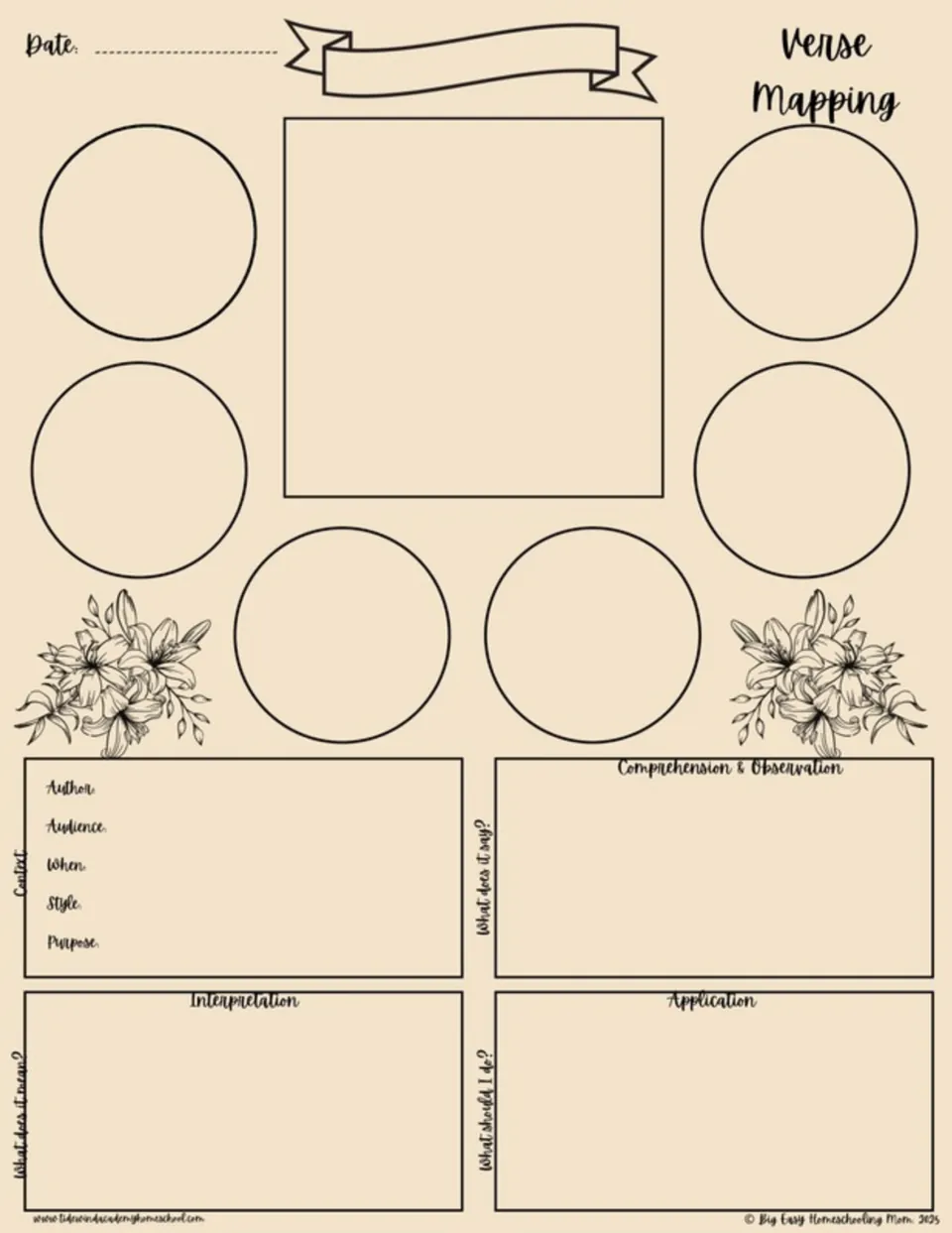 Beige Bible verse mapping template for verse study, context, observation, interpretation, and application.