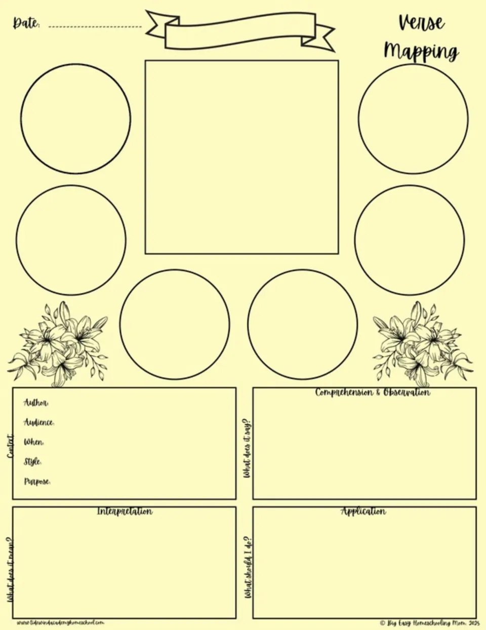 Yellow Bible verse mapping template for verse study, context, observation, interpretation, and application.