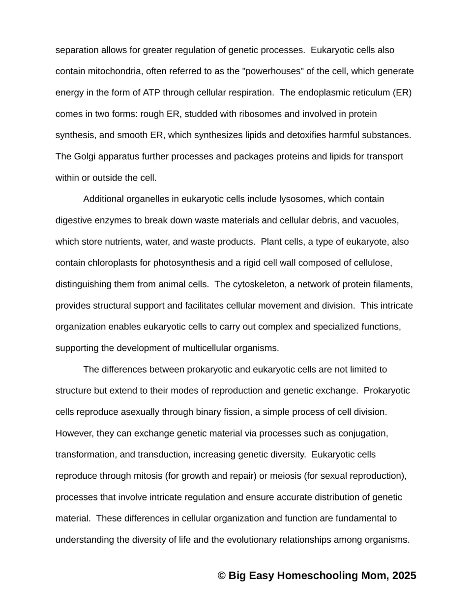 Passage continued: mitochondria, rough and smooth ER, Golgi, lysosomes, chloroplasts, binary fission, mitosis and meiosis