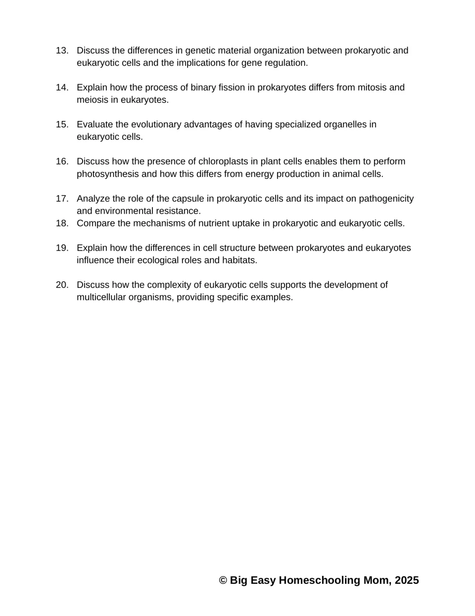 Questions 13-20: students explain binary fission vs. mitosis, chloroplasts, capsule, nutrient uptake and multicellularity