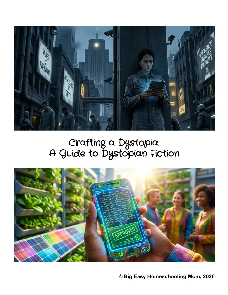Cover of Crafting a Dystopia: A Guide to Dystopian Fiction, showing two contrasting fictional societies