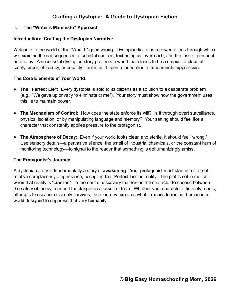 Dystopian writing introduction explains the Perfect Lie, mechanisms of control, decay, and a hero's awakening