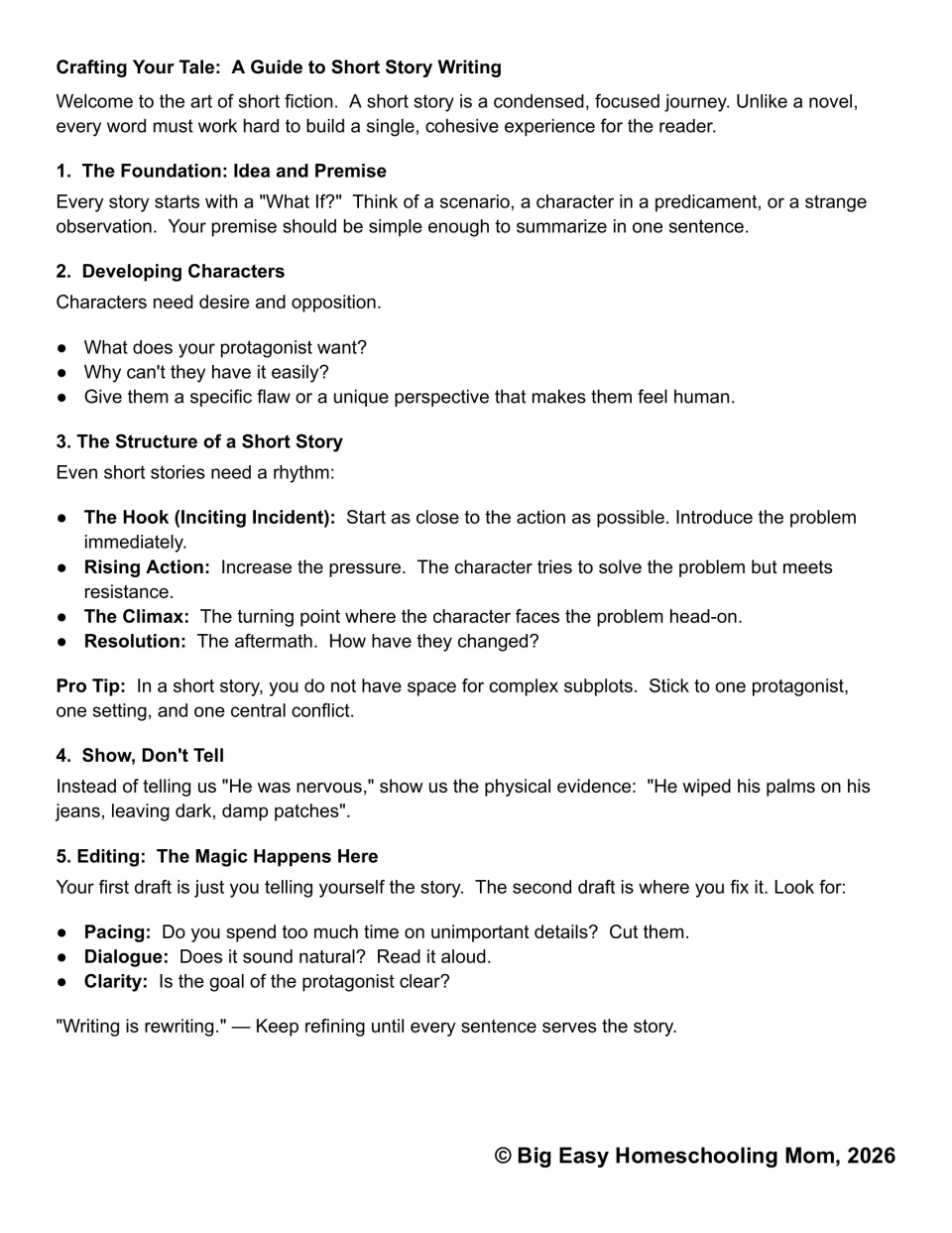 Short story writing guide covers premise, character desires, plot structure, show-don't-tell, and editing