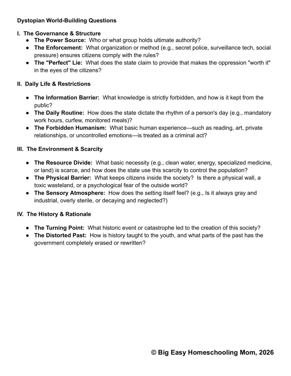 Dystopian world-building questions explore governance, daily restrictions, resource scarcity, and erased history