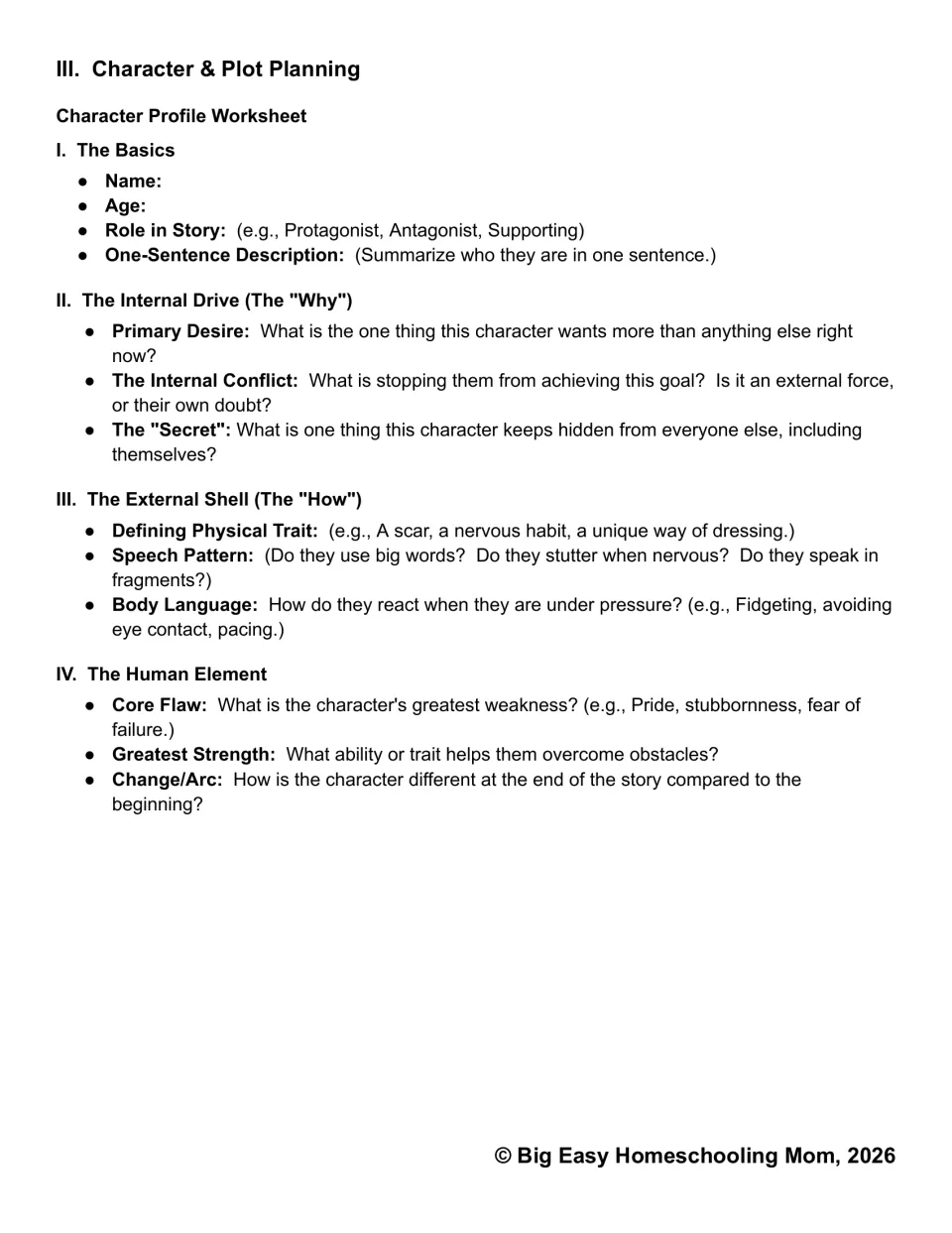 Character profile worksheet asks for identity, desires, conflict, secrets, physical traits, flaws, and change