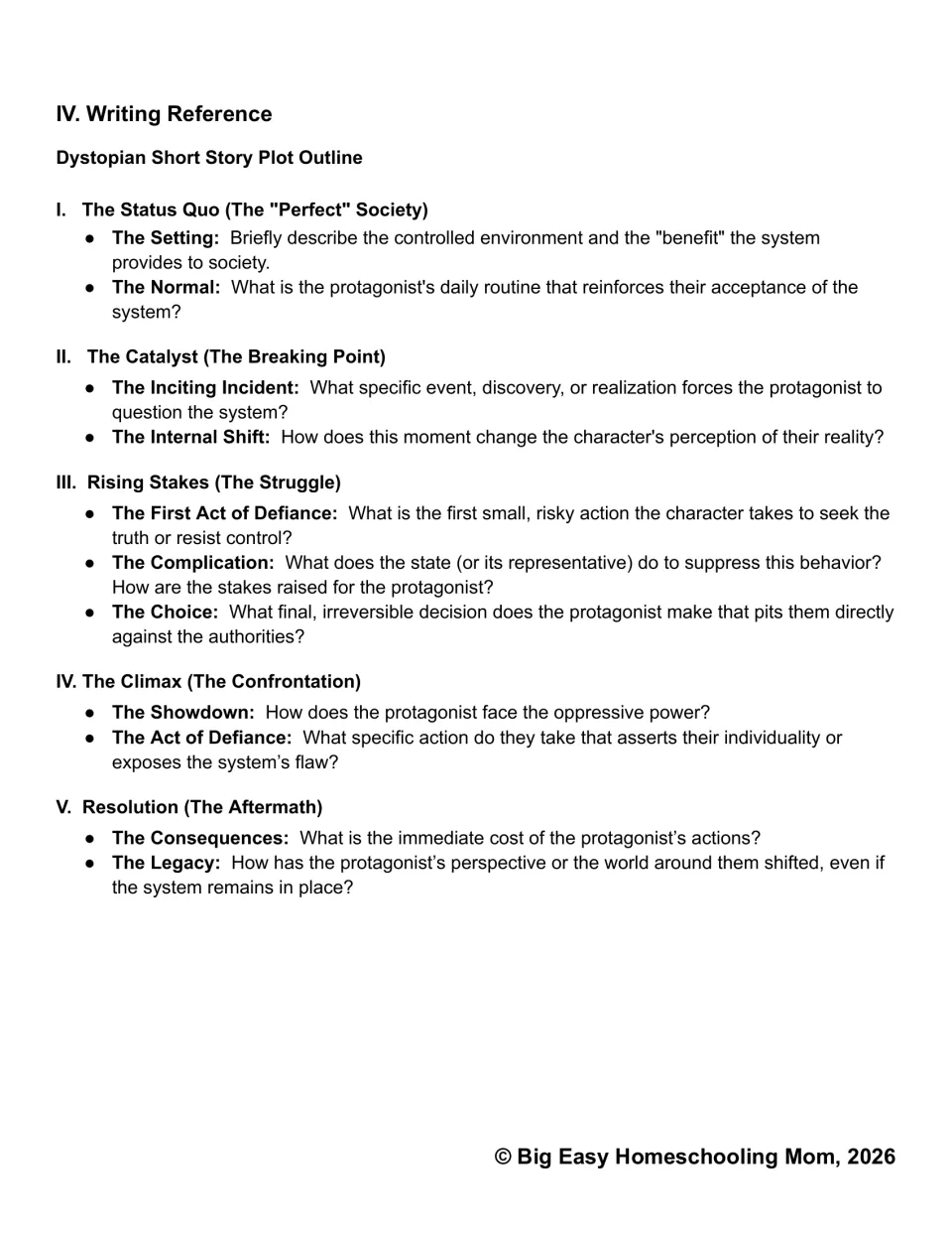 Dystopian short story outline guides planning from the status quo through a catalyst, rising stakes, and climax
