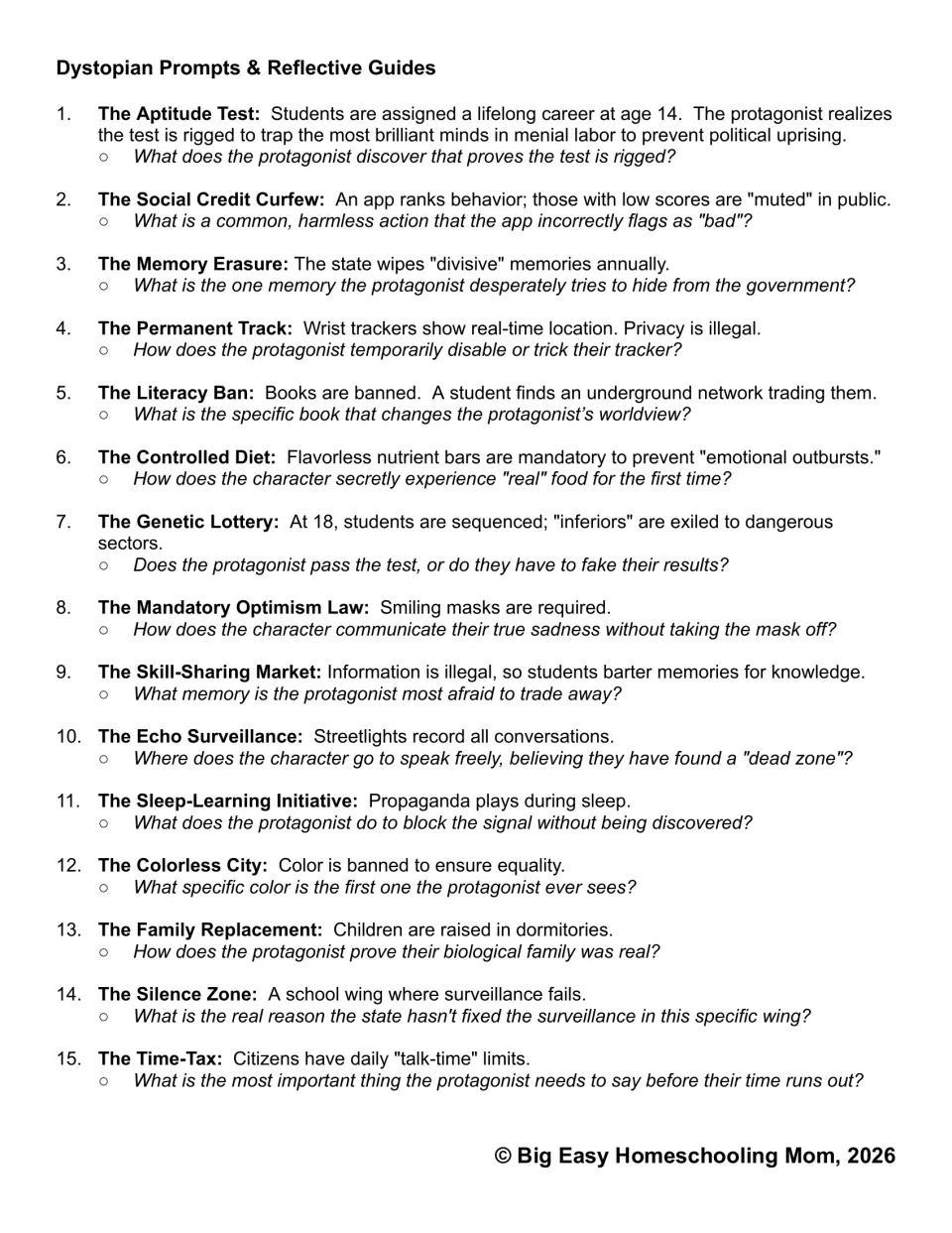 Dystopian writing prompts 1–15 include rigged aptitude tests, memory erasure, a literacy ban, and talk-time limits