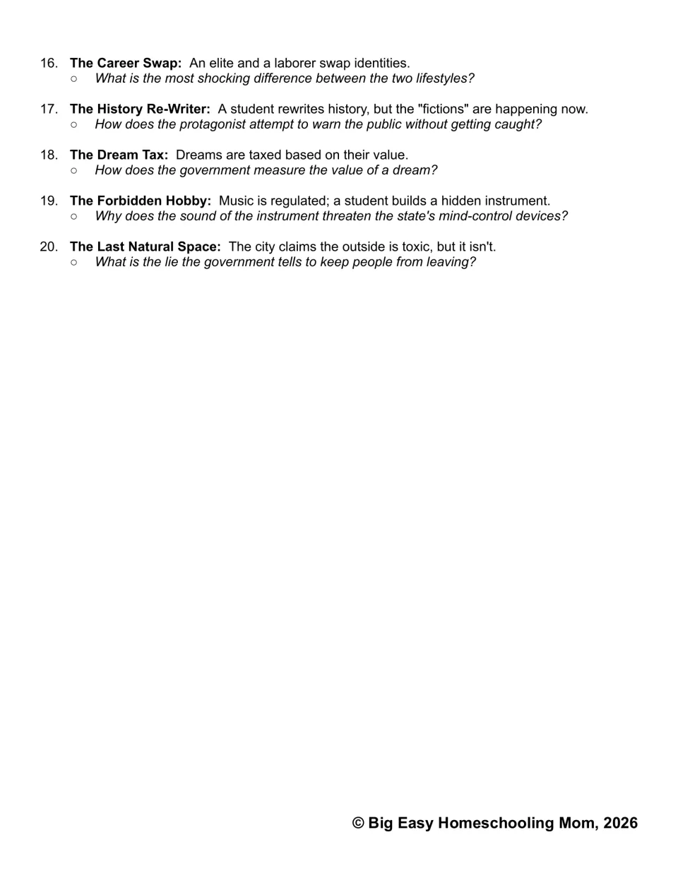 Dystopian writing prompts 16–20 cover identity swaps, rewritten history, taxed dreams, music, and outside nature
