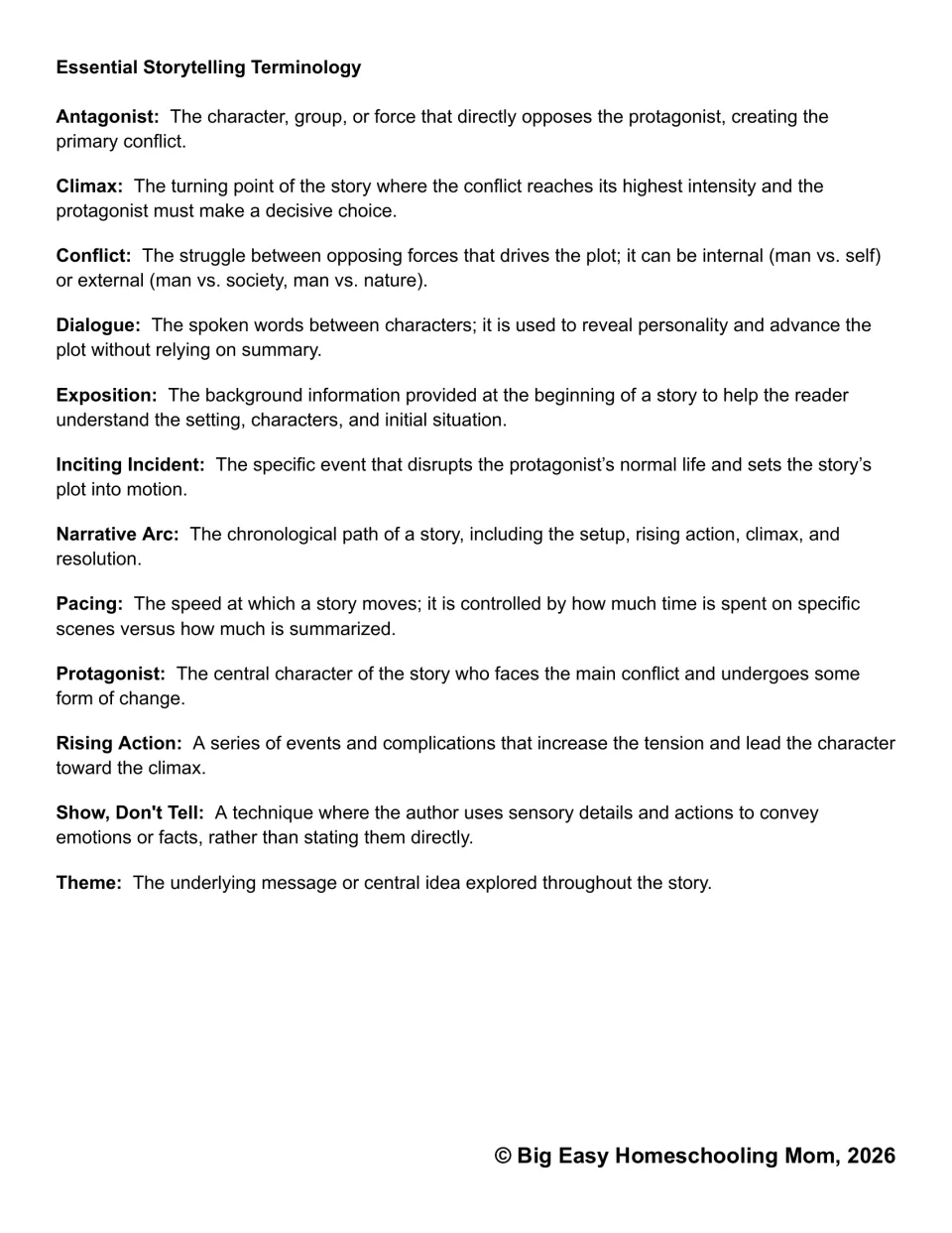 Storytelling glossary defines 12 terms, including antagonist, climax, conflict, dialogue, pacing, and theme