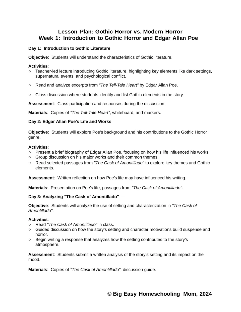 Lesson plans for Days 1–3 introduce Gothic literature, Poe’s life, and analysis of The Cask of Amontillado