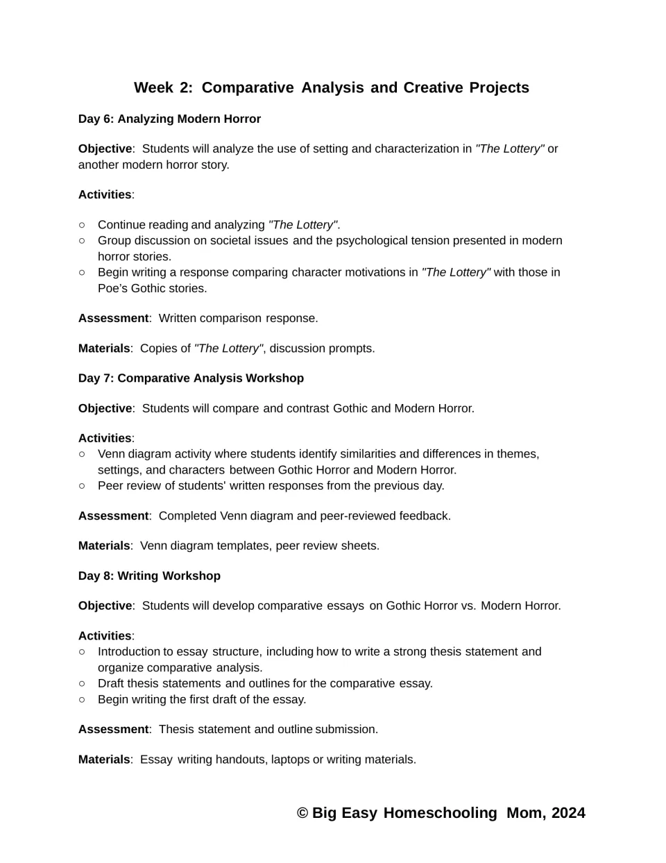 Lesson plans for Days 6–8 cover modern horror analysis, a Venn diagram comparison, and comparative essay drafting