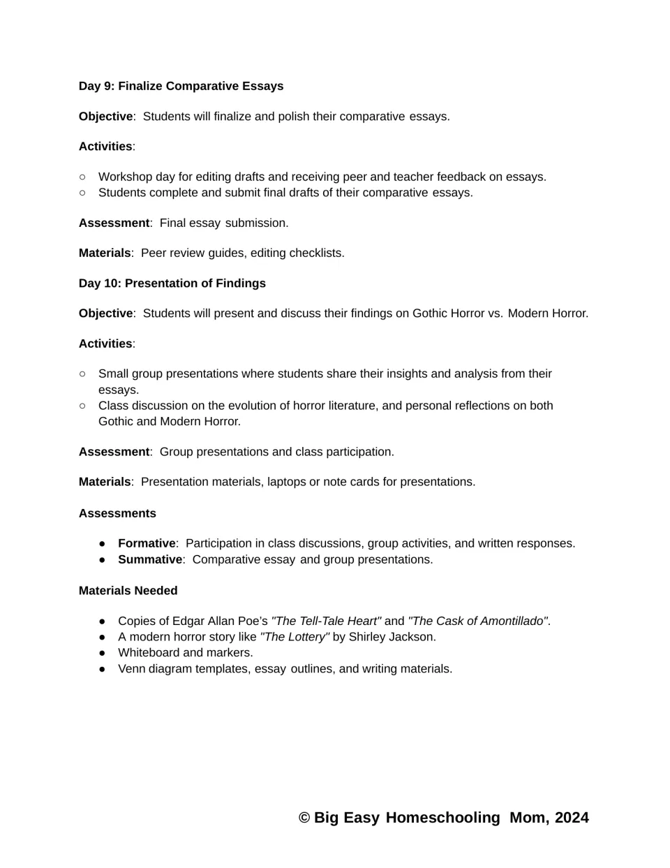 Lesson plans for Days 9–10 cover final essays and presentations, followed by assessments and materials needed
