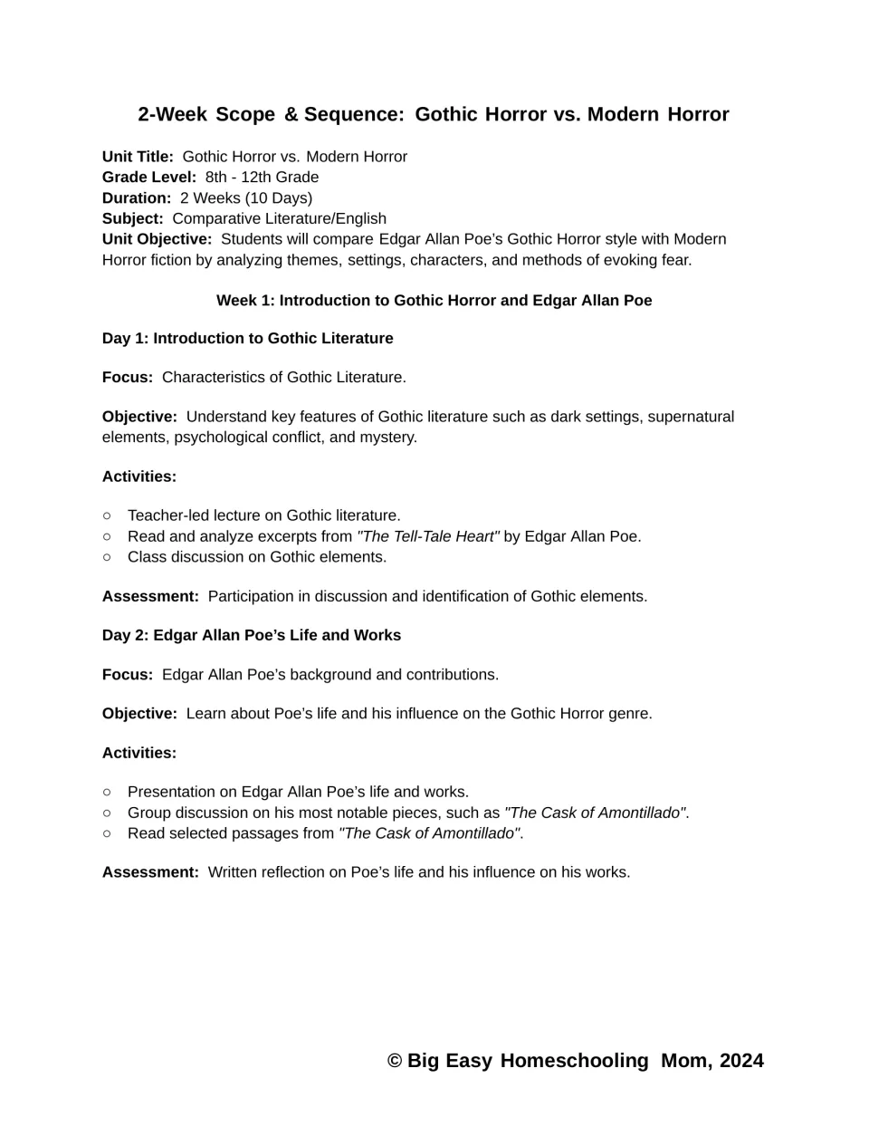 Scope and sequence introduces the 10-day unit for grades 8–12 and outlines Days 1–2 on Gothic literature and Poe
