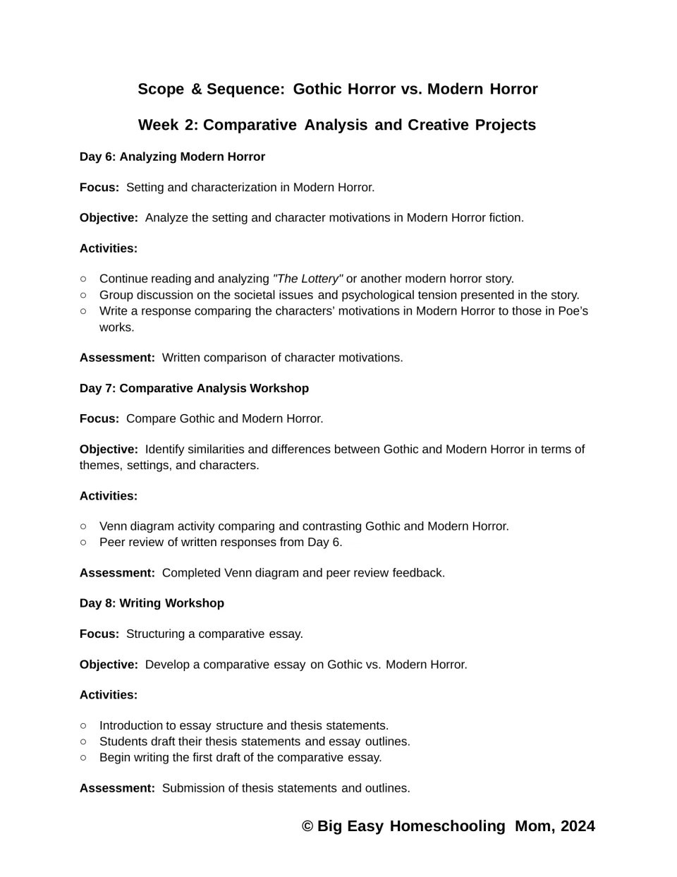 Scope and sequence for Days 6–8 outlines modern horror analysis, genre comparison, and comparative essay writing