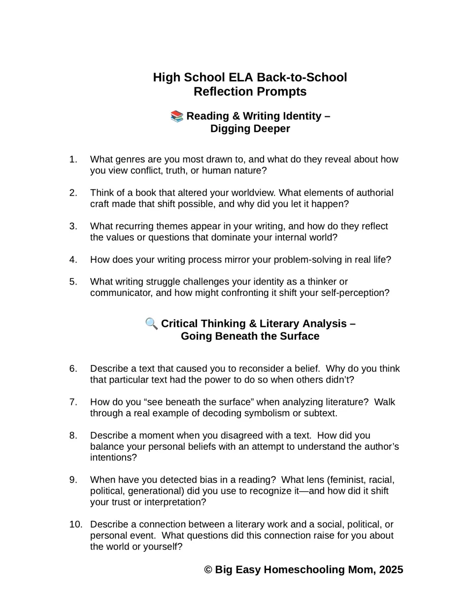Reflection prompts 1–10 explore reading and writing identity, authorial craft, symbolism, and bias in texts