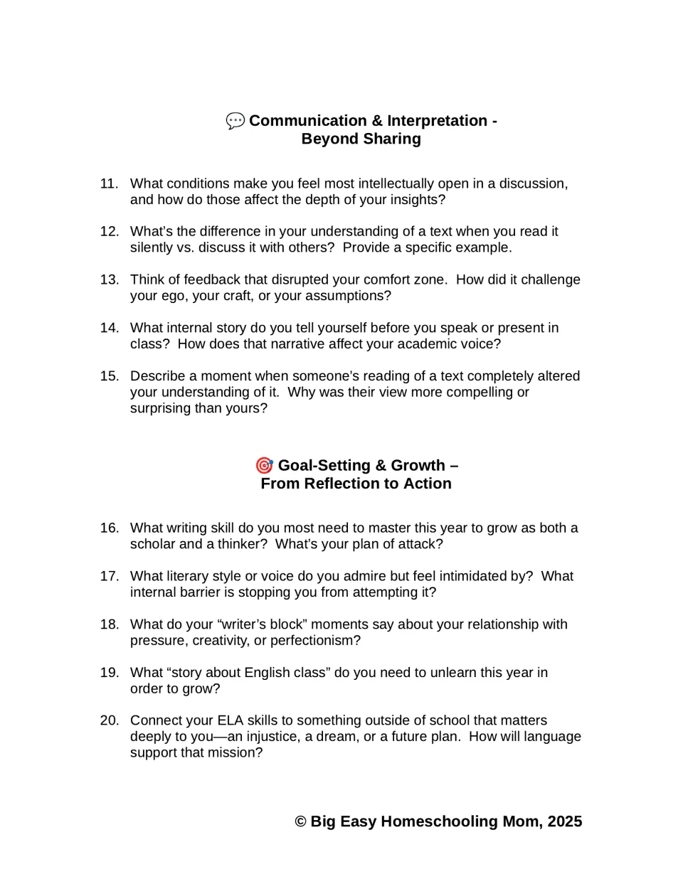 Reflection prompts 11–20 examine discussion, feedback, academic voice, writing goals, and writer’s block