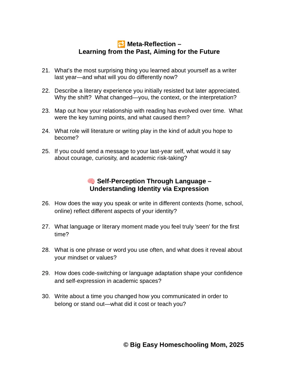 Reflection prompts 21–30 address past learning, reading habits, identity, code-switching, and self-expression