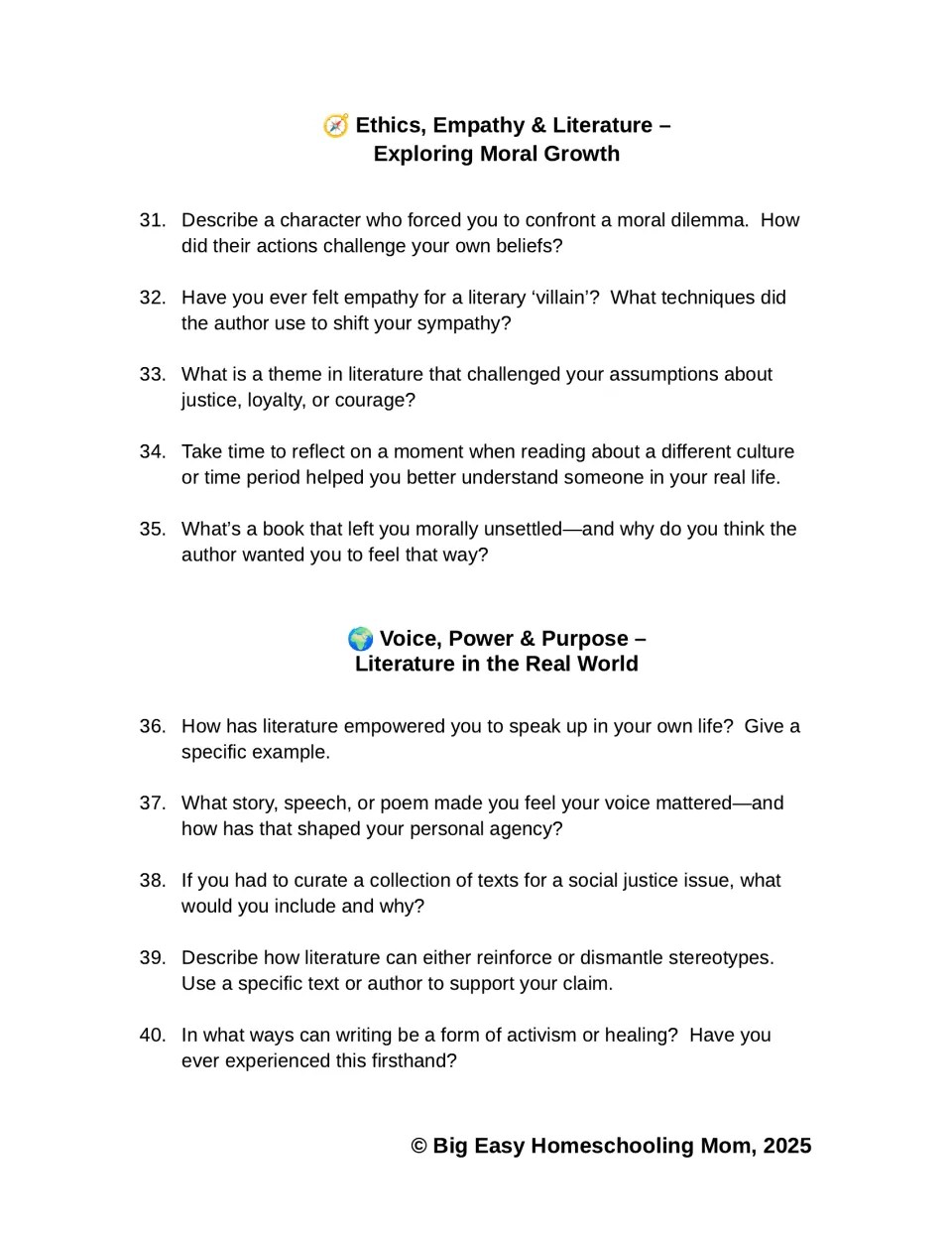 Reflection prompts 31–40 explore moral dilemmas, empathy, social justice, stereotypes, and writing as activism