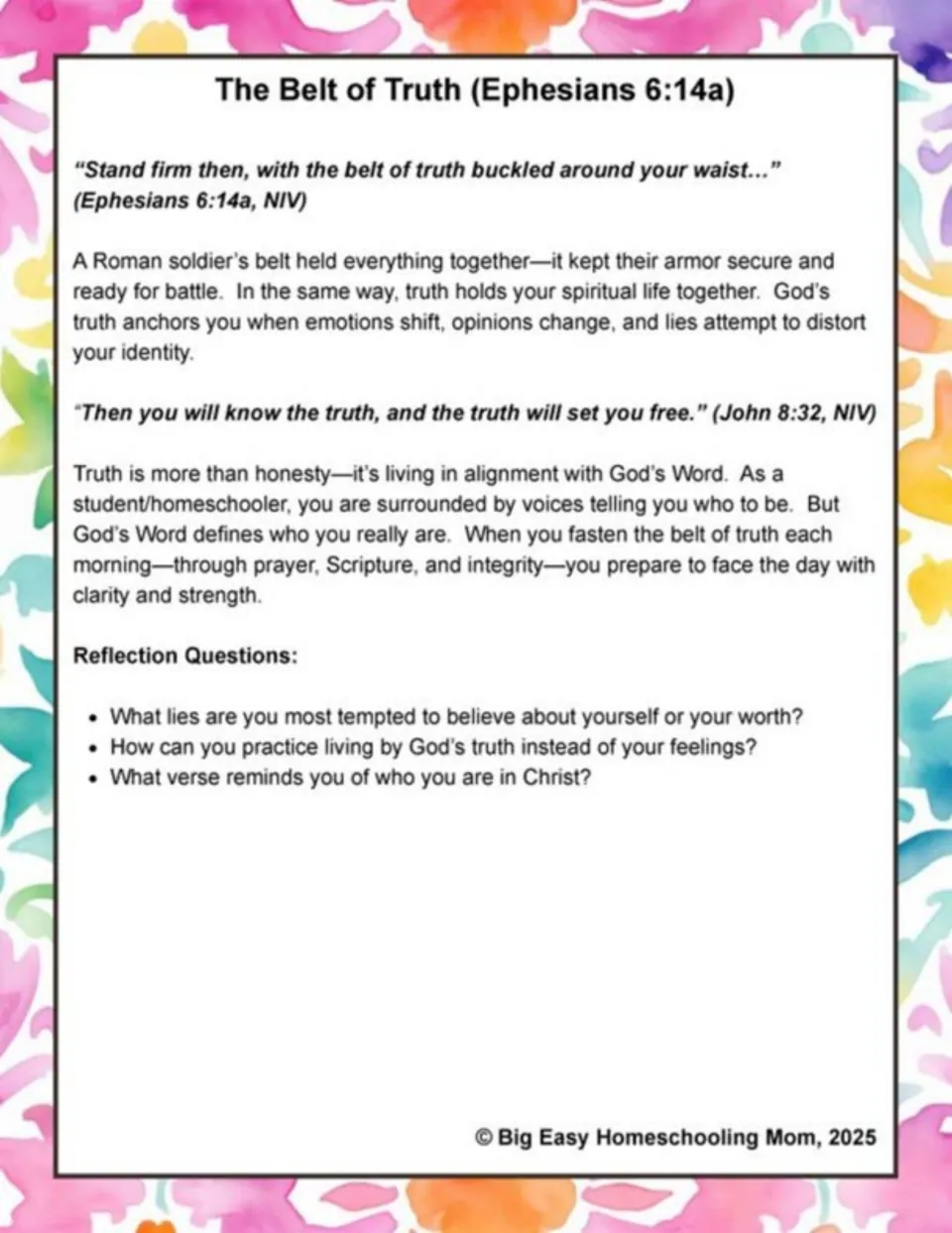 Belt of Truth devotional connects Ephesians 6:14a and John 8:32 to three questions about truth and identity